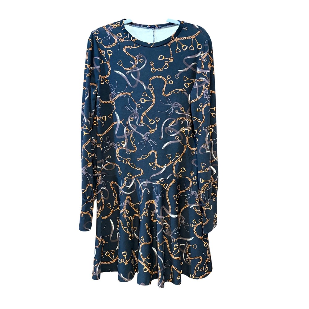 Zara Basic Womens Black Equestrian Chain Print Drop Waist Long Sleeve Dress M
